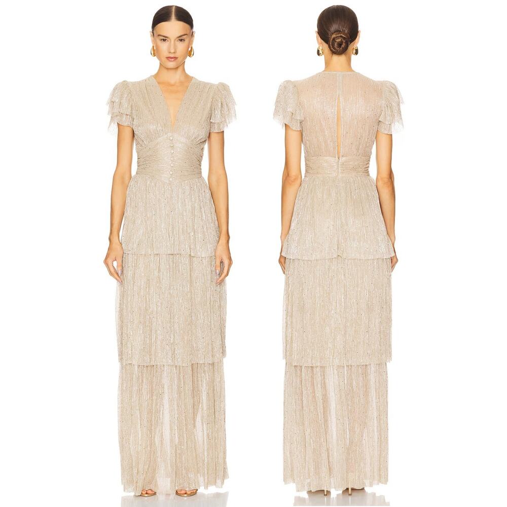 Sabina Musayev Sarah Maxi Dress Metallic Tiered Ruffle Formal Evening Gold Sz XS